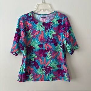 Lands' End Swim Shirt Rashguard Top Small Tropical Leaf Floral Colorful